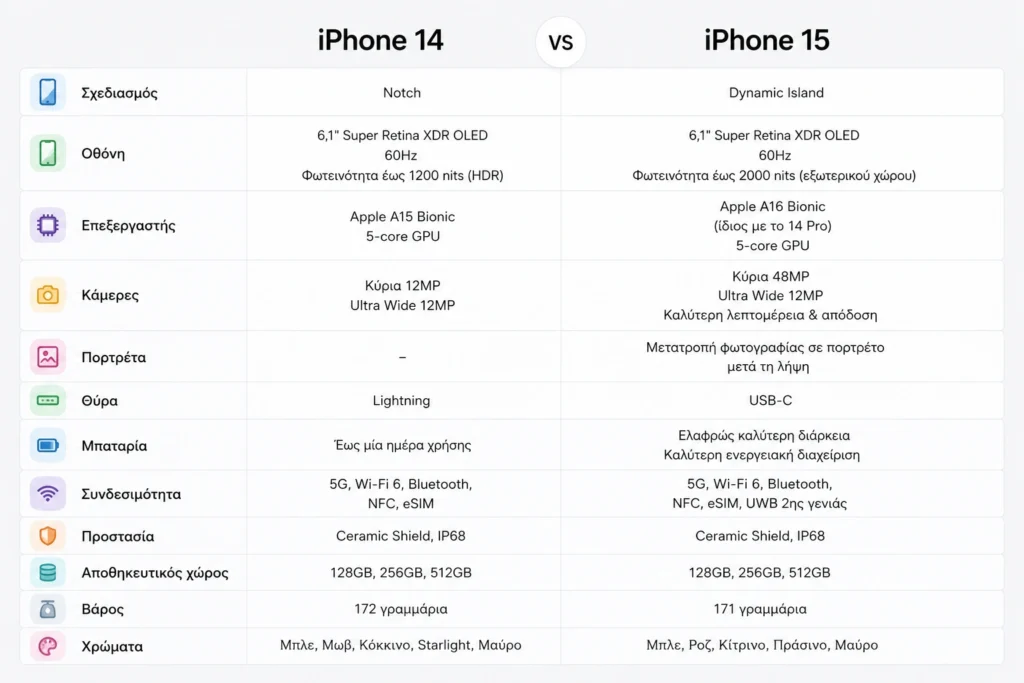iPhone 14 vs iPhone 15 - Διαφορές & Χαρακτηριστικά